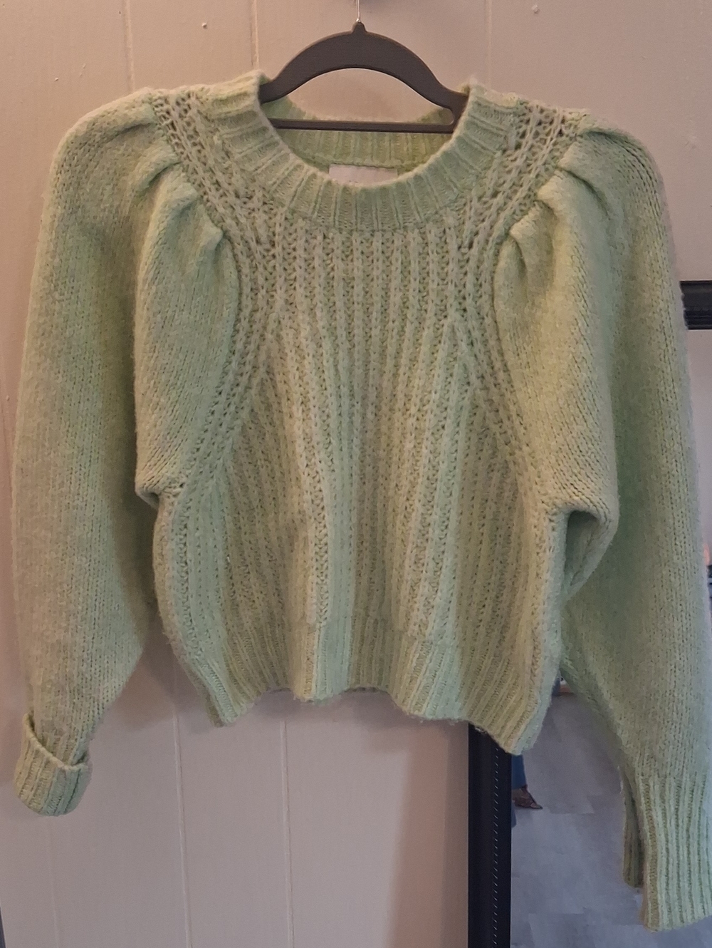 Topshop Mint Green Textured Knit Puff Sleeve Crewneck Sweater
